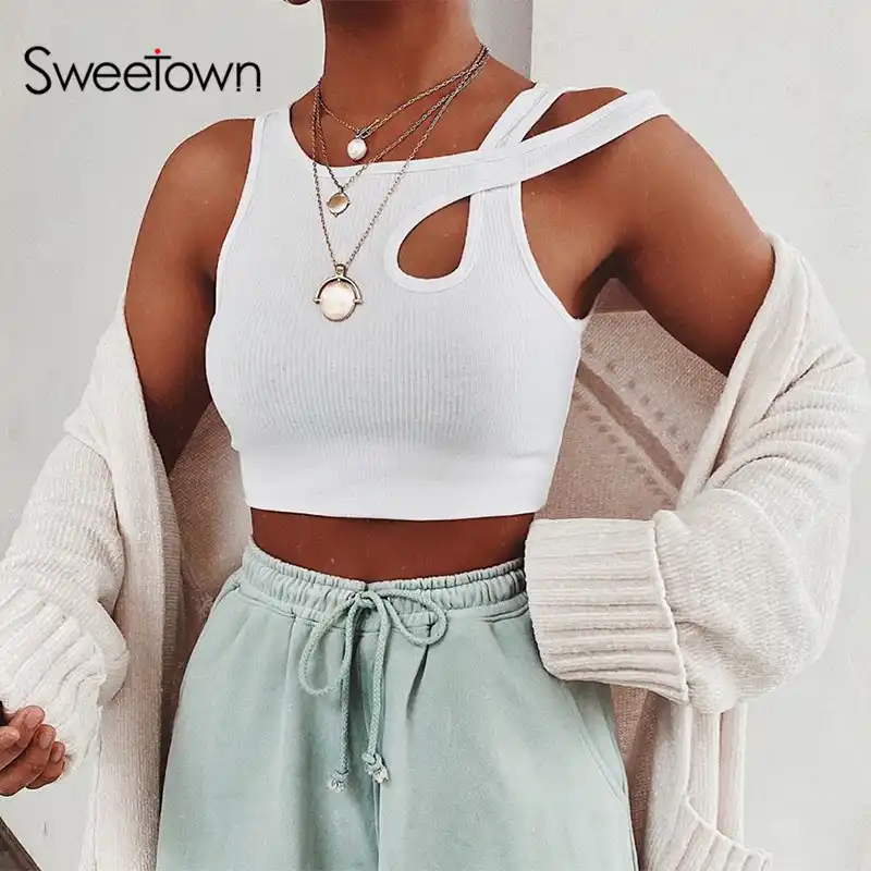 Sweetown固体カジュアル女性タンクトップス服ノースリーブスキニーセクシーなカットアウトbraletteクロップトップ夏ストリート白 タンクトップ Aliexpress