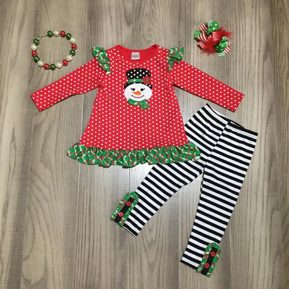Одежда для маленьких девочек Рождественские наряды для девочек топ со снеговиком и полосатые брюки детская одежда для девочек с аксессуарами