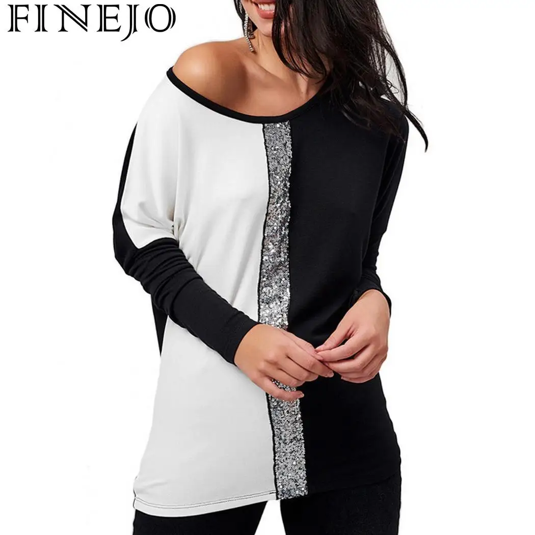 

FINEJO Women Tops T Shirts O-Neck Long Sleeve Off Shoulder Patchwork Sequin Tunic T-Shirt Autumn Spring Contrast Color Femme Tee