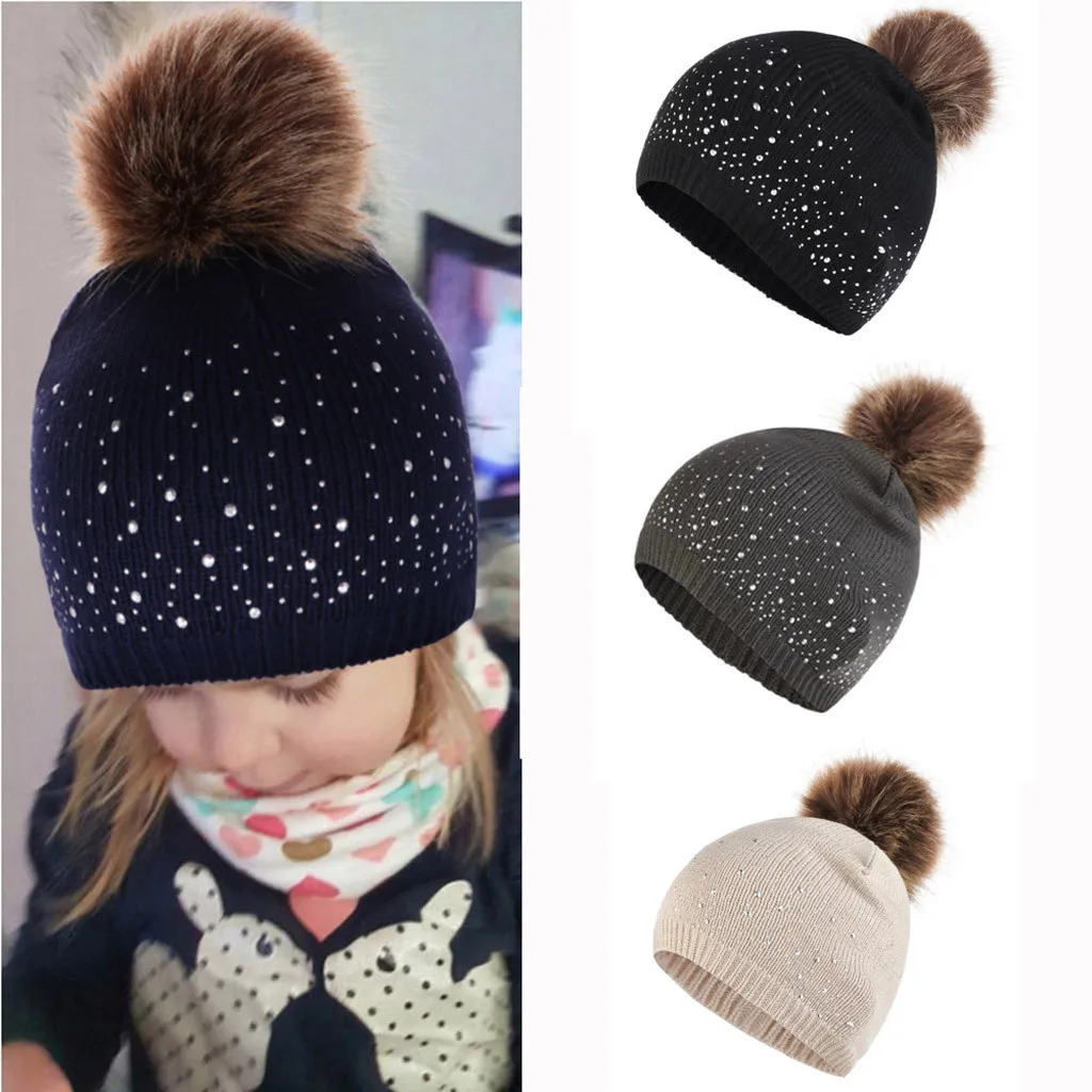 Toddler Cute Baby Knitting Wool Hemming Hat Rhinestone Warm Winter Fur Ball Cap Girls Hats Kids Leisure Children Casual Sombrero | Детская