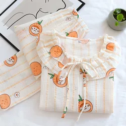 Japanese Spring and Autumn New Style 100% Cotton Crepe Cloth Ladies Pajamas Long Sleeve Lace Collar Cute Home Service Suit