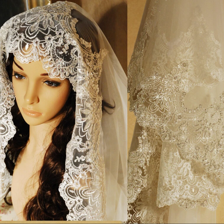 

Real Photos 2018 White/Ivory Wedding Veil 3M With Comb Lace Beads Mantilla Bridal Veil Wedding Accessories Veu De Noiva MD47