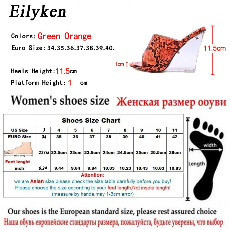 Eilyken/большие Size35-40; модные женские шлепанцы со змеиным узором; Цвет зеленый, оранжевый; пикантные вечерние шлепанцы на танкетке со стразами