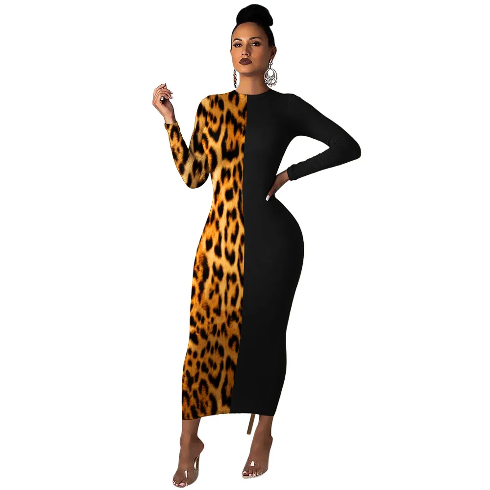 

Leopard Maxi Dress 2019 Women Full Sleeve O-Neck Leopard Print Bodycon Autumn Midi Dress Fashion Night Club Dresses Vestidos