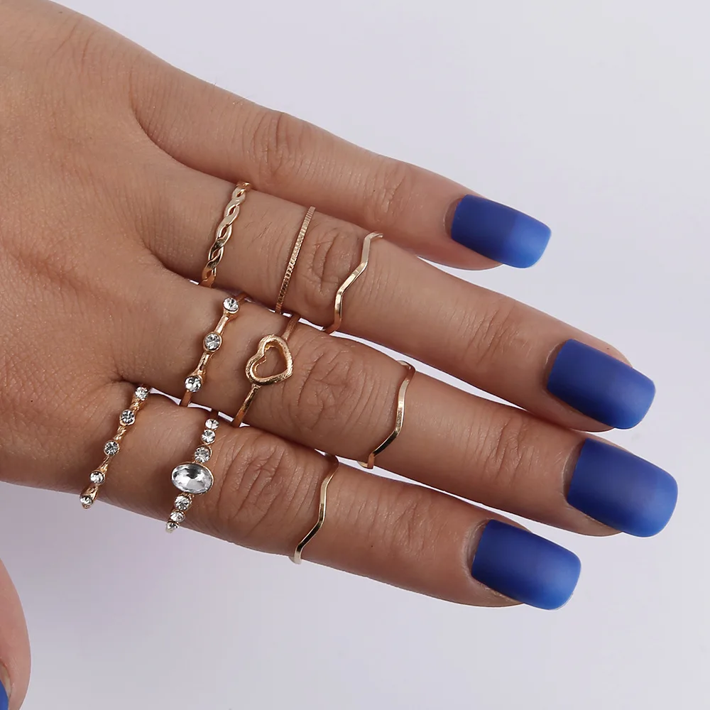 

9Pcs/Set Fashion Simple Hollow Heart Ring Gold Plated Wave Finger Joint Ring Set Stackable Ring Fashion Jewelry Party Gifts