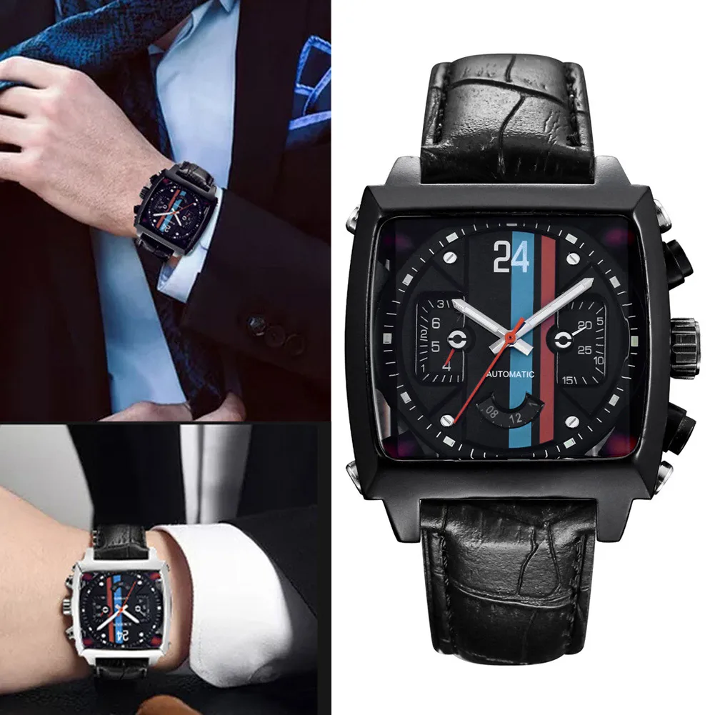 

Racing Square Watch Leather Belt Wristband Automatic Mechanical Watch Gifts TT@88