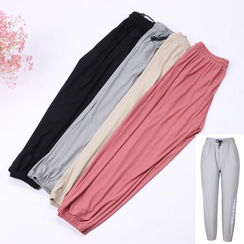 Summer Plus Size Womens Brethable Cool Pants Ice Silk Casual Loose Trousers Fashion Solid Color Sport Wear