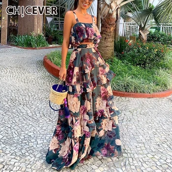 

CHICEVER Patchwork Two Piece Set For Women Square Collar Sleeveless Crop Top High Waist Ruffles Maxi Skirt Female 2020 Summer