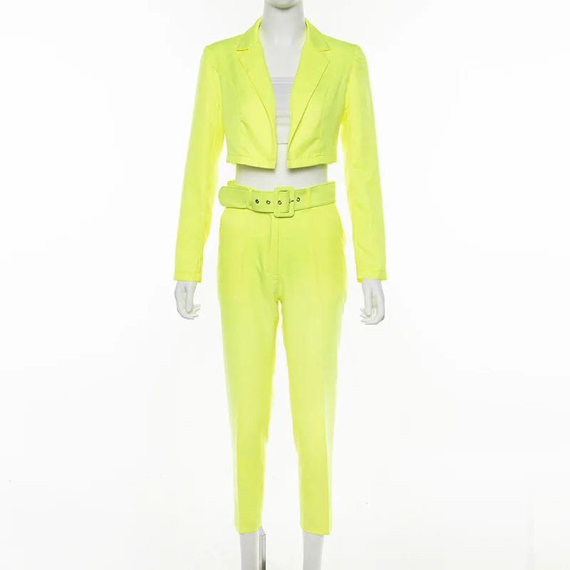 Adogirl женский офисный Блейзер комплект из двух предметов осенний элегантный неоновый цвет короткий формальный Блейзер Куртка+ брюки-карандаш костюм с поясом