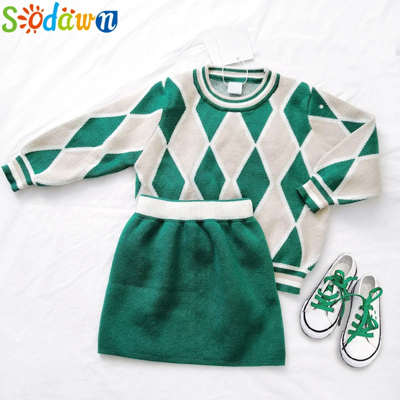 Sodawn/ г. Весенне-осенние комплекты одежды для детей; Модный комплект одежды для девочек; свитер в клетку+ юбка; комплект детской одежды из 2 предметов