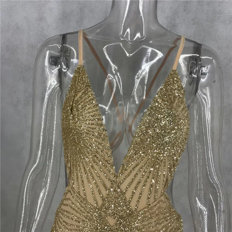 Глубокий v-образный вырез сетка Золотое блестящее платье обтягивающие наряды сексуальные женские платья Спагетти ремень Клубные вечерние женские без рукавов летнее платье