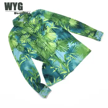 

Green Palm Leaf Print Shirts And Blouses 2020 Spring Summer America Fashion Top Qaulity Placing Print Long Sleeve Tops