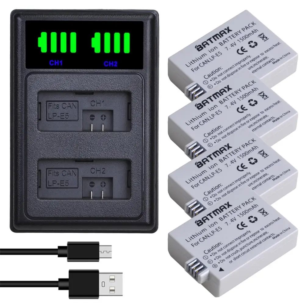 Batmax Lp-E5 Lpe5 1500Mah Battery + New Led Caricatore Doppio Per Canon 450D 500D 1000D Bacio X2 X3 F Rebel Xsi Xli Xs L15