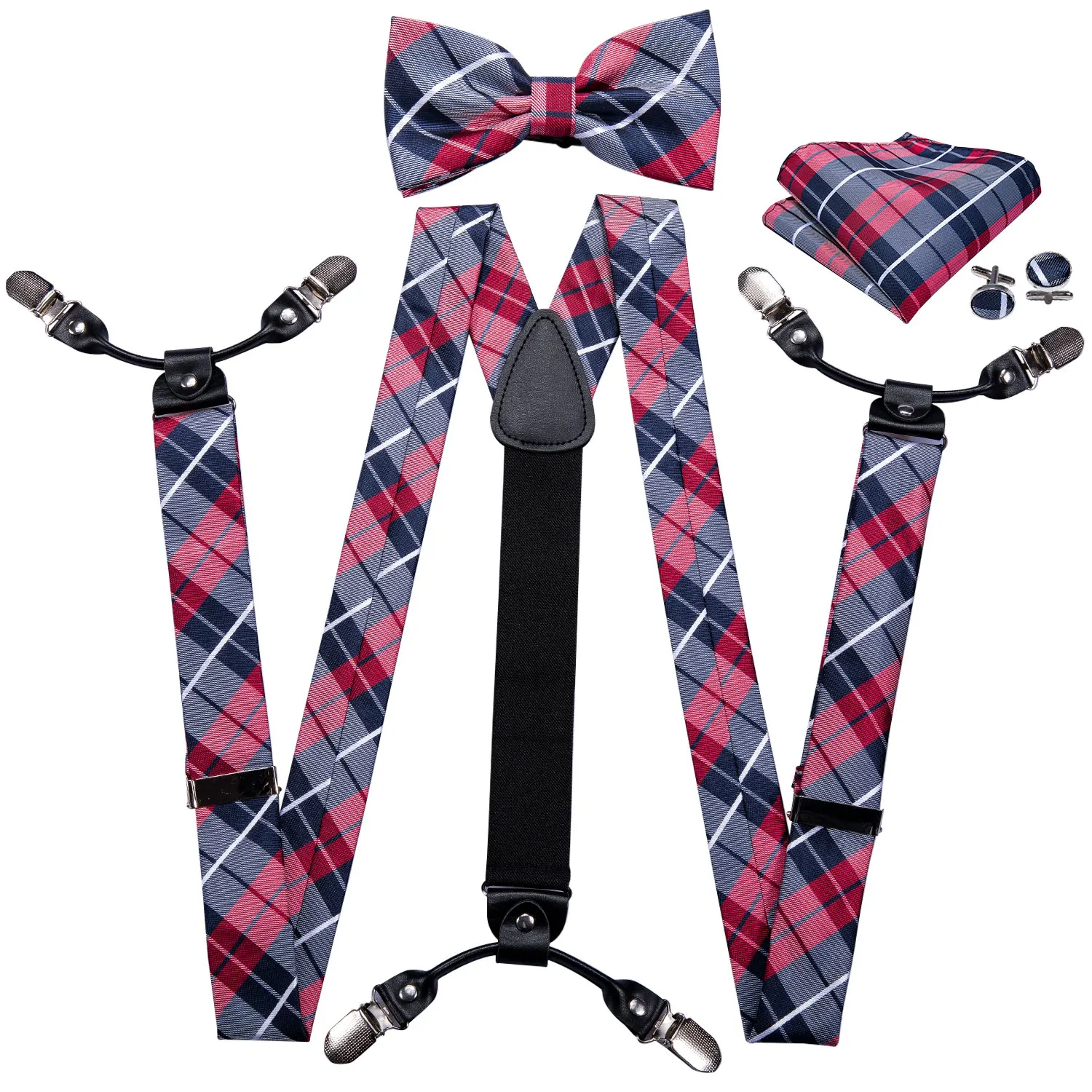 

Barry.Wang Men Silk Suspenders Set Leather Metal 6 Clips Braces Black Plaid Vintage Elastic Wedding Suspenders Checked Bowtie
