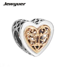 Осенняя коллекция, подвески в виде сердечек, Стерлинговое Серебро 925 пробы, ювелирные изделия с золотым филигранным узором, подходят для браслетов из бисера, сделай сам для женщин GD077