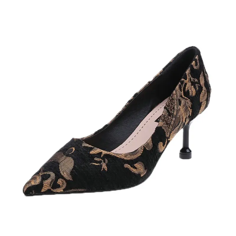 Размеры 34-39, г. Новые летние женские туфли-лодочки с узором элегантные туфли на высоком каблуке женские пикантные вечерние туфли под вечернее платье - Цвет: Черный