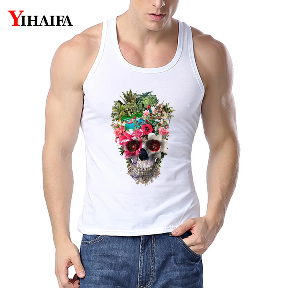 Мужская майка для бодибилдинга YIHAIFA разноцветная с цветочным принтом и черепами