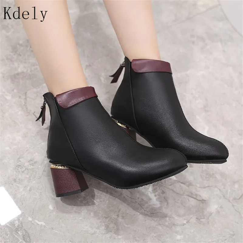

2020 Women Autumn Winter Pu Ankle Boots Slip-on Round Toe 6cm Square Heel Solid Casual Black Zipper Booties Size 35-40