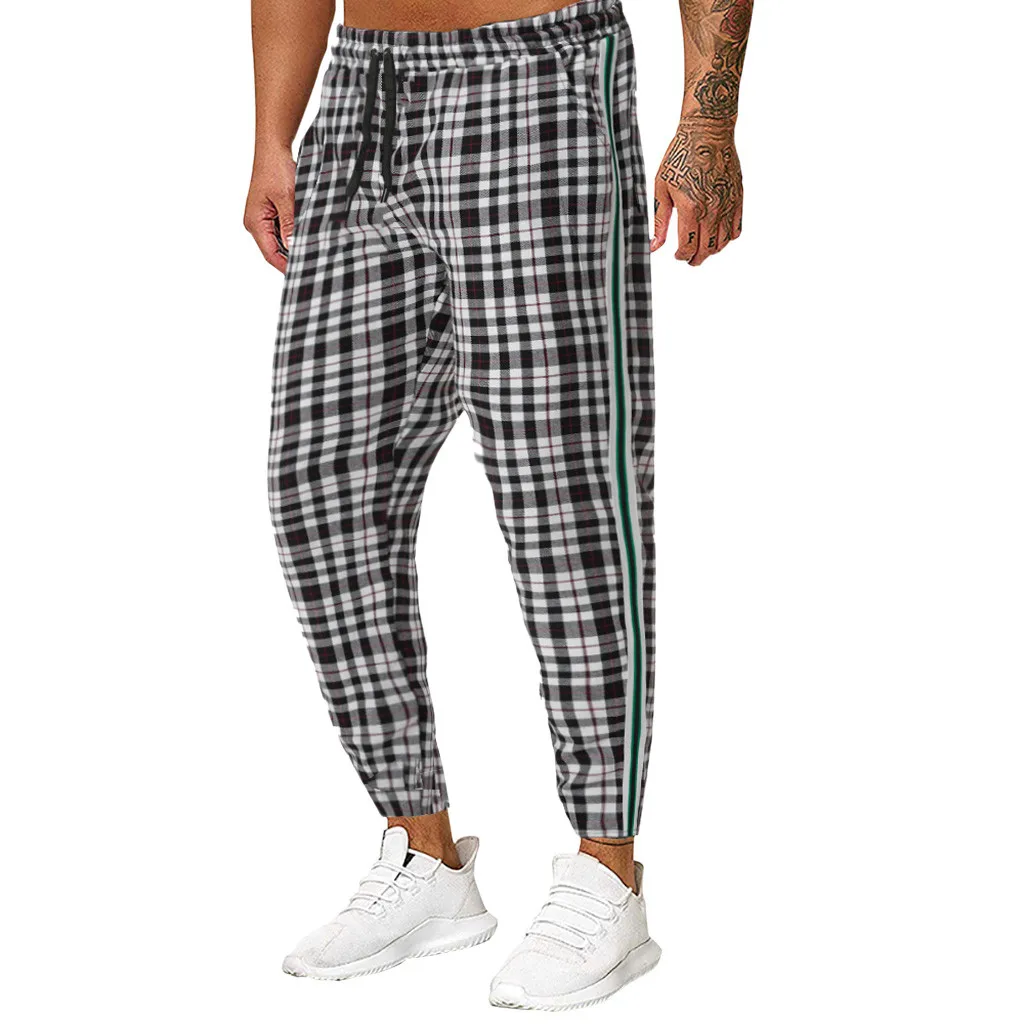 Vogue Nice Men's Rope Plaid Sports Trousers Mens Joggers Multi pocket Pants Elastic Waist