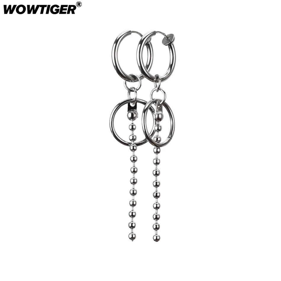 

WOWTIGER New Stainless Steel tassel Bead chain No ear hole men Earring eardrop Ear clip earpins Earrings for women Jewelry gift