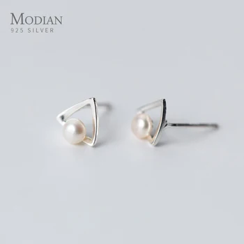 

Modian 2020 Popular Simple Geometric Triangle Pearl Stud Earrings for Women Genuine 925 Sterling Silver Ear Studs Fine Jewelry