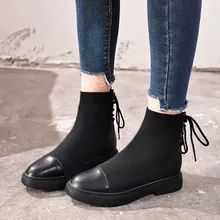 Эластичные ботильоны обувь на плоской подошве новые модные женские однотонные Повседневные носки на шнуровке с перекрестной шнуровкой и круглым носком на квадратном каблуке
