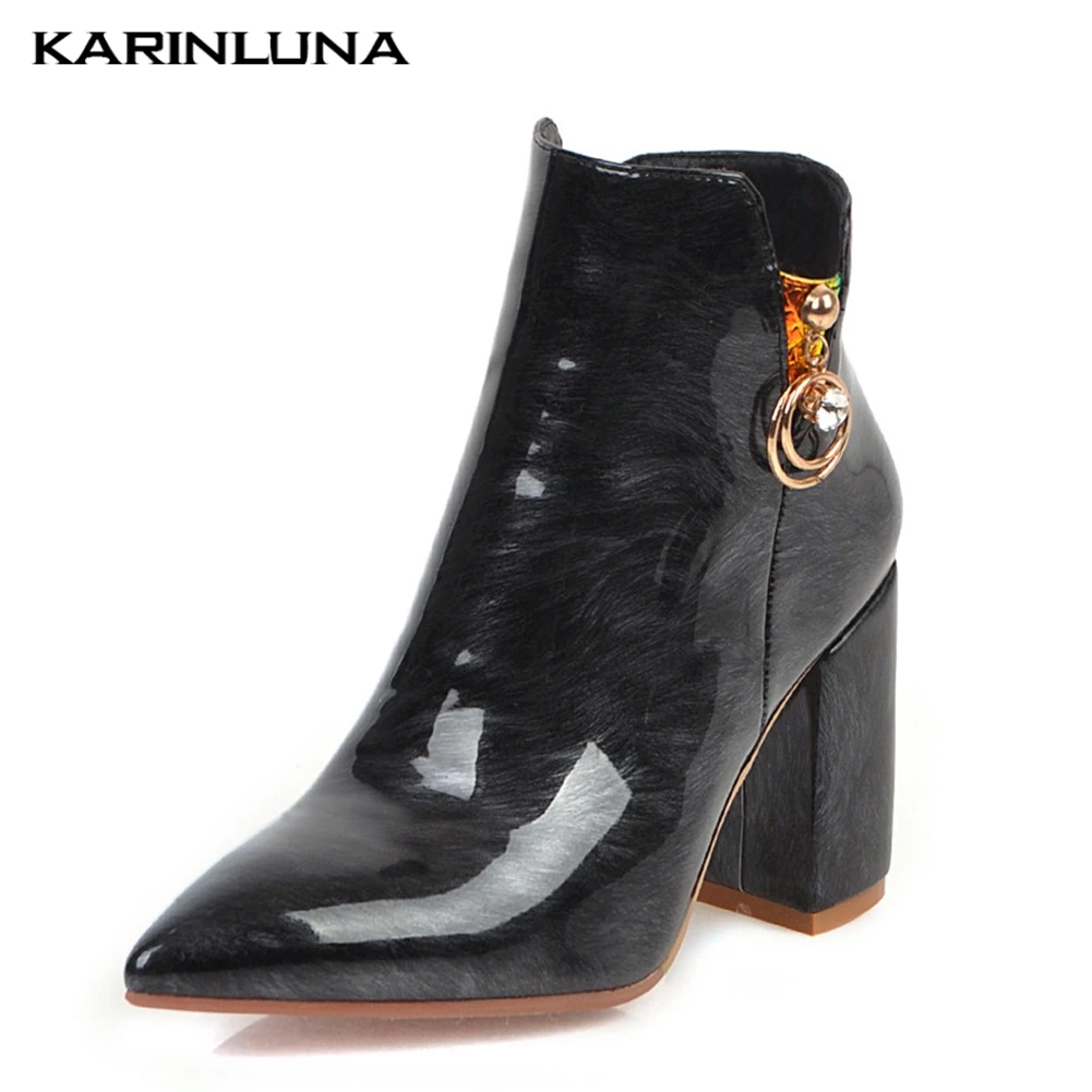 

Karinluna 2019 Patent Sexy Large Size 43 Top Quality Pointed Toe Shoes Woman Boots Female High Heeled Ankle Boots Women Shoes