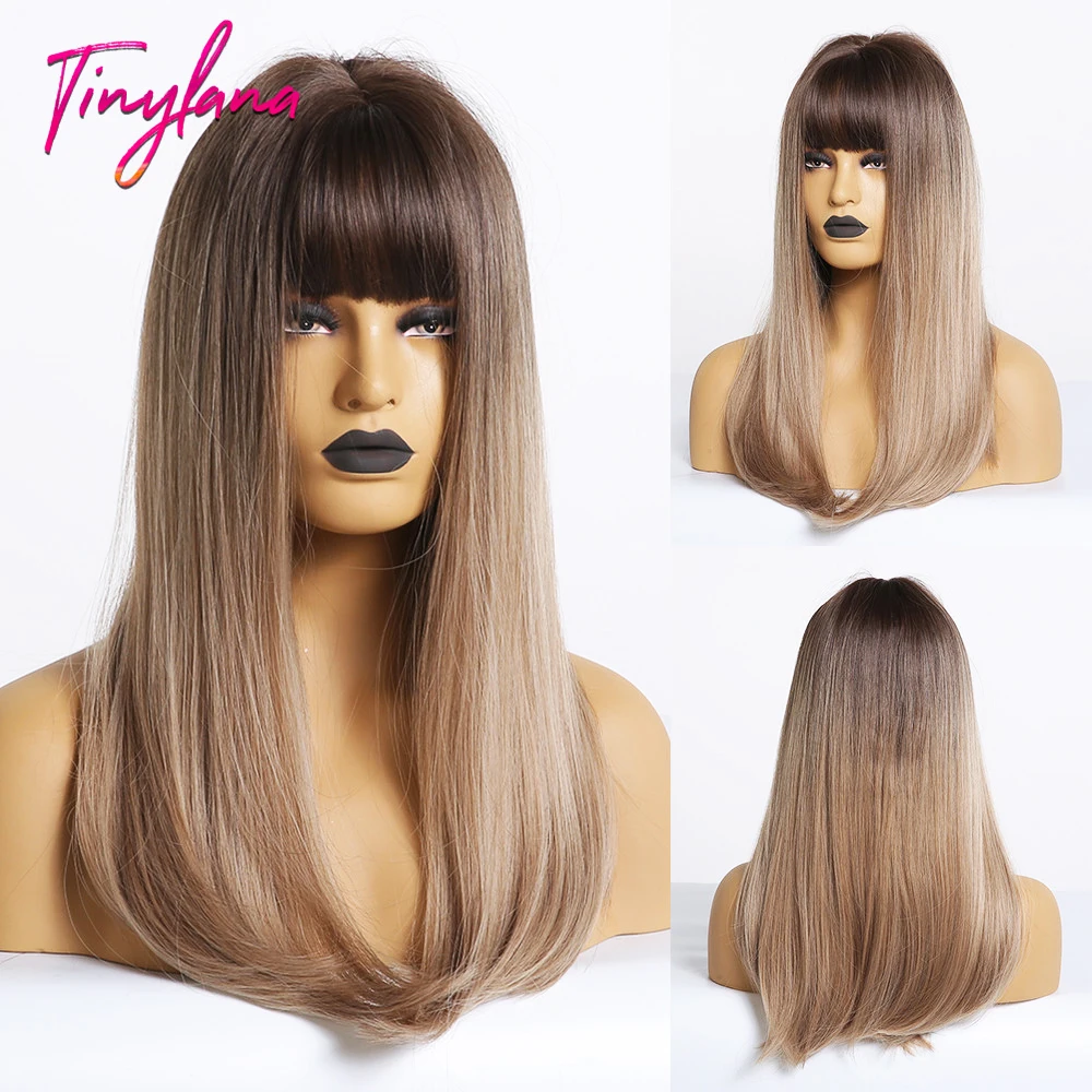 

TINY LANA Long Straight Ombre Brown Blonde Heat Resistant Synthetic Wig with Bangs for black women wigs Natural Party Fake Hair