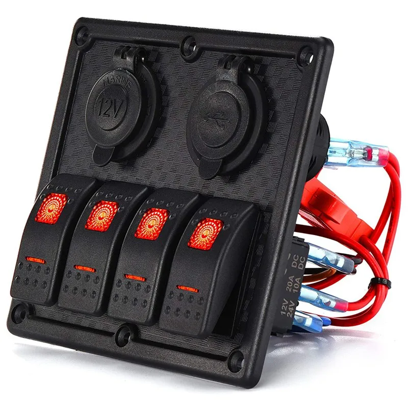 12 V-24 V 4 Gang морской катер автомобиля цепи RV светодиодный переключатель кулисный переключатель Панель выключатель вольтметр с предохранителем двойной USB кабель для зарядки для автомобилей класса RV лодка
