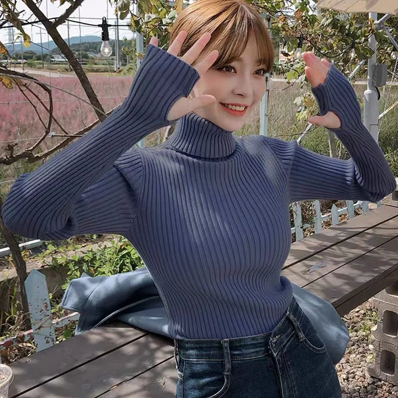 

Lazy Wind High Neck Finger Sweater Women's 2021 Autumn Winter Thickened Inner Sleeve Pile Collar Backing Sweater Cardigan Women