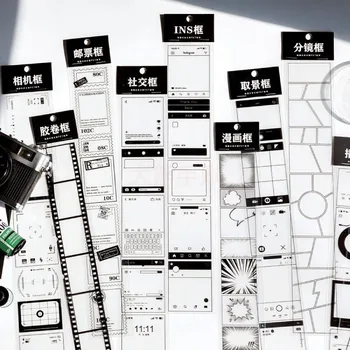 

PET Long Strip Packaging Tape DIY Decorative Journal Stickers Transparent Black And White Collage Frame School Supplies