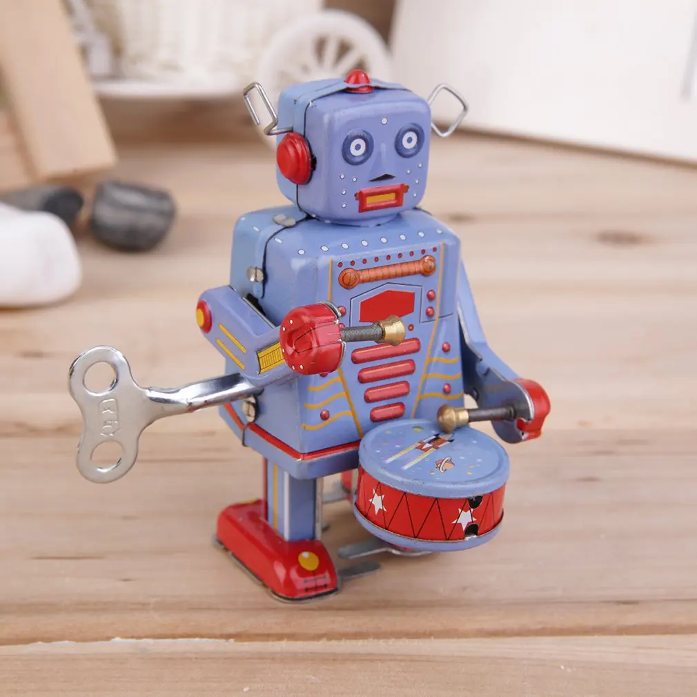 OCDAY Vintage Drumming Robot Metal Tin Clockwork Wind Up Tin Figure Toy Collectible Classic Toys For Boy Kids Christmas Gifts