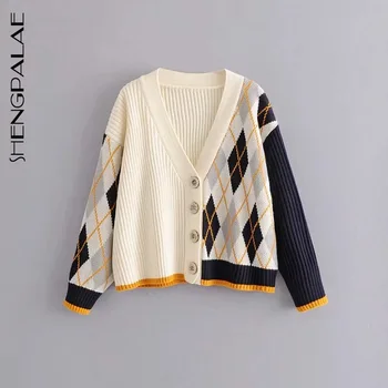 

SHENGPALAE Autumn Large Size Knitted Contrast Color Diamond Lattice Stitching V-neck Single-breasted Cardigan Sweater ZT1040