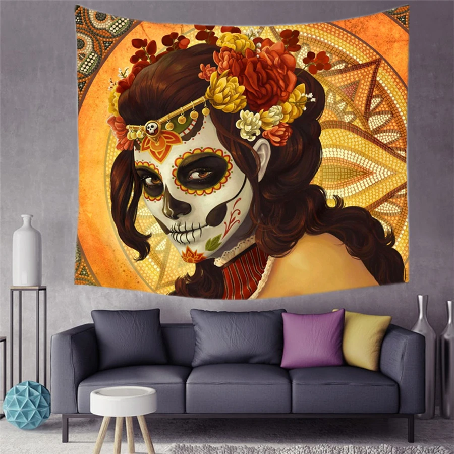 Hippie Skull Tapestry Wall Hanging Psychedelic Carpet Wall Blanket Mandala Tapestry Art Women Ethnic Dorm Boho Decor Mural Beach