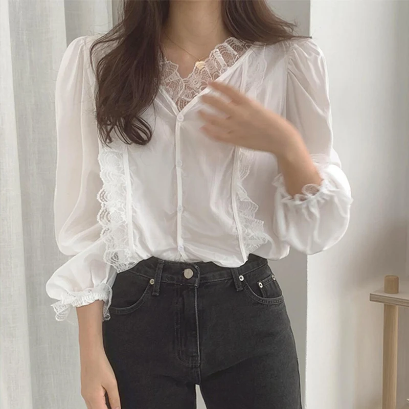 Autumn V-neck Loose Blouses Long Sleeves Women Blouses Breathable Lace Stitching Shirt