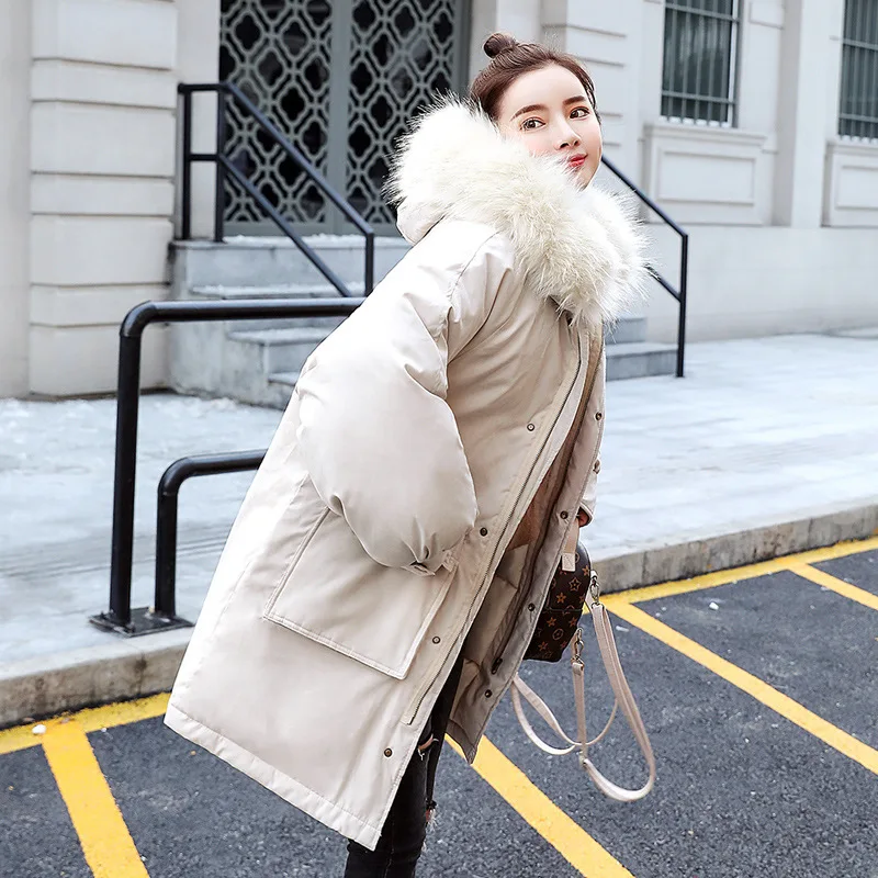 

Loose-Fit Large Fur Collar Mid-length Cotton-padded Clothes Women's 2019 Winter New Style Peach Skin Thick down Jacket Cotton-pa
