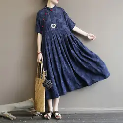 Женское платье в народном стиле, улучшенное, с отворотом, с пряжкой, срезанный цветок, хлопковое платье с узором из листьев