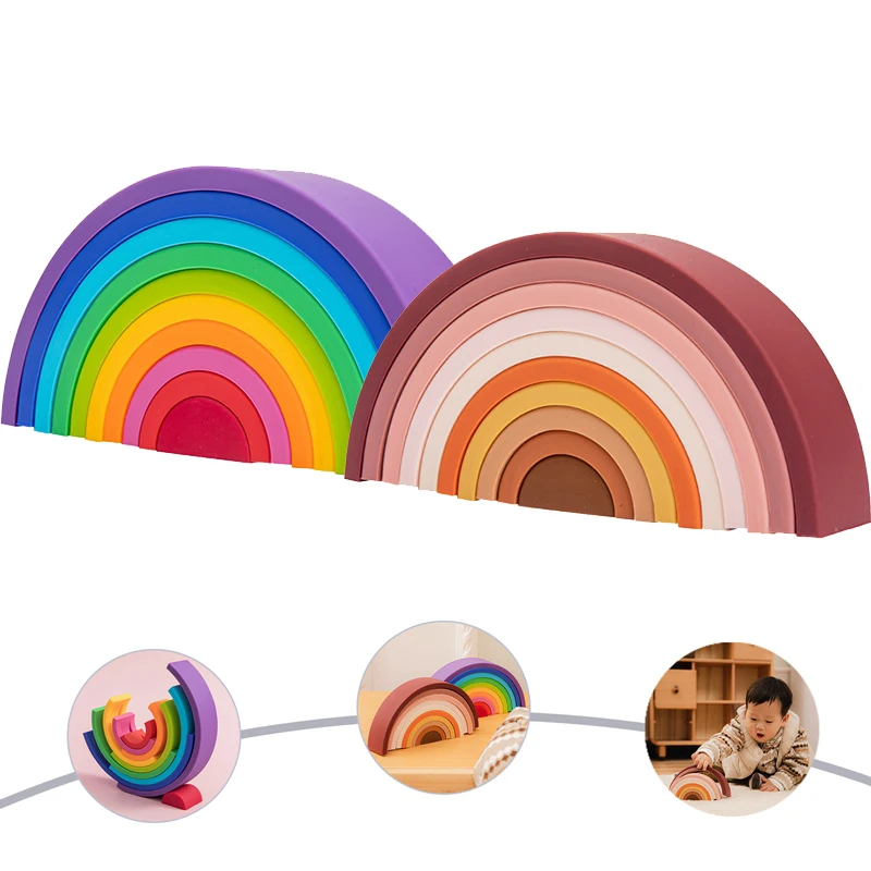 1Set bebé Arco Iris colores de silicona apilar juguetes Montessori creativo juguetes libres de bisfenol A de silicona de grado de alimentos de la educación temprana y regalos de los niños