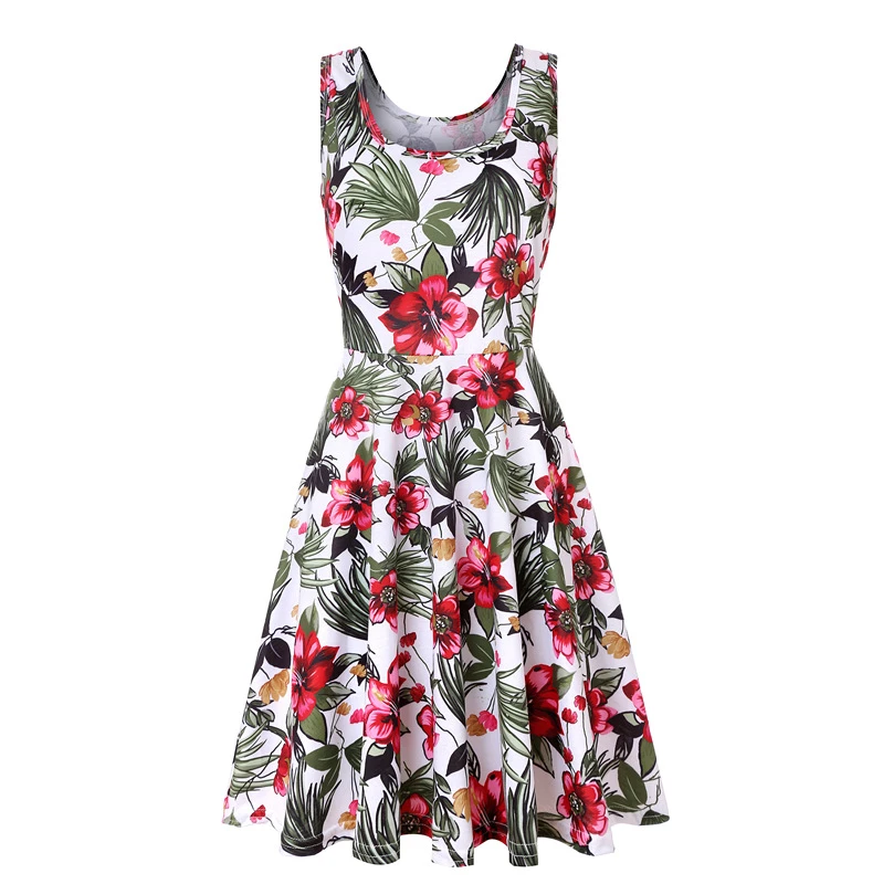 Plus Size Women Sleeveless O-neck Print Dresses Casual Sweet Vintage ...