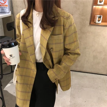 

Vintage Women Loose Plaid Blazer Double Breasted Blazer Jacket Femme 2020 Spring Vintage Female Suits Jacket vs031