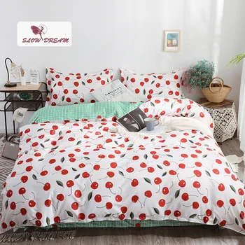 

SlowDream Double Bedding Set Flat Sheet Duvet Cover Fruit Cherry Home Decor Textiles Bedspread Double Bed Single Twin Bed Linen