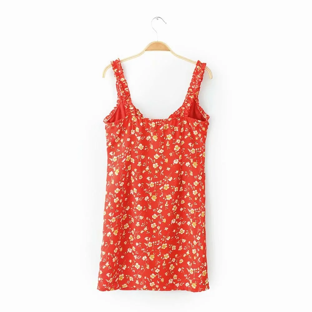 

Western Style New Style Versitile Fashion Slimming Buckle Frilled Printing Slip Dress Short Skirt Summer Women's S3038