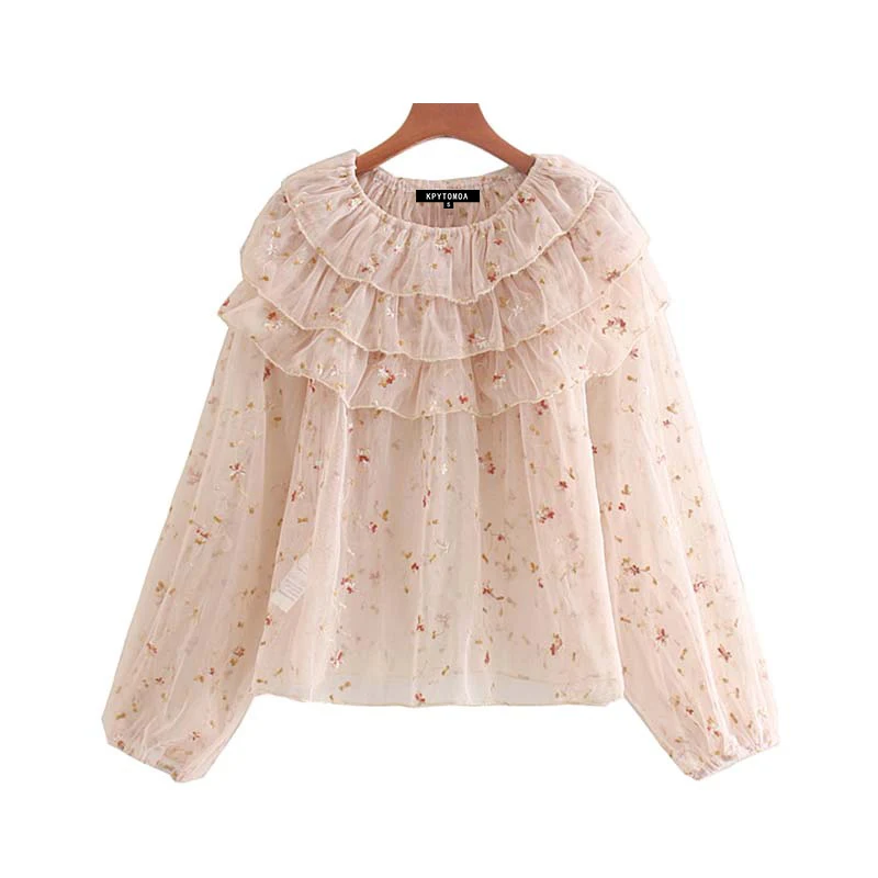 

Vintage Kawaii Mesh Floral Embroidery Ruffles Women Blouses 2019 Fashion Long Sleeve See Through Sexy Sweet Shirts Blusas Mujer