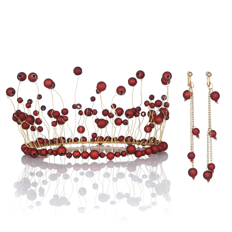 

Red/White Wedding Barrette Crystal Bride Hair Crown With Hanging Earing Simulated Pearls Bridal Headdress Hair Ornaments Jewelry