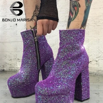 

BONJOMARISA INS Fashion Purple Party High Platform Ankle Boots Women 2020 Extrem High Heels Evening Shoes Woman