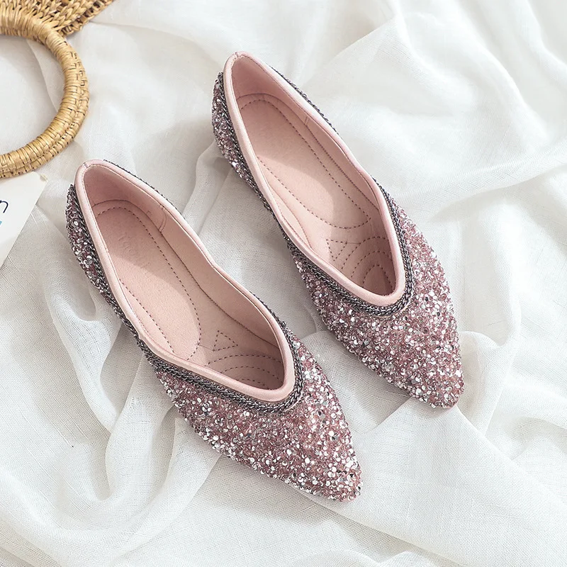 Luxury 2020 New Women Shoes Ballet Flats Boat Shoes Bling Pointed Toe Solid Slip-On Zapatos De Mujer Ladies Shoes High Quality