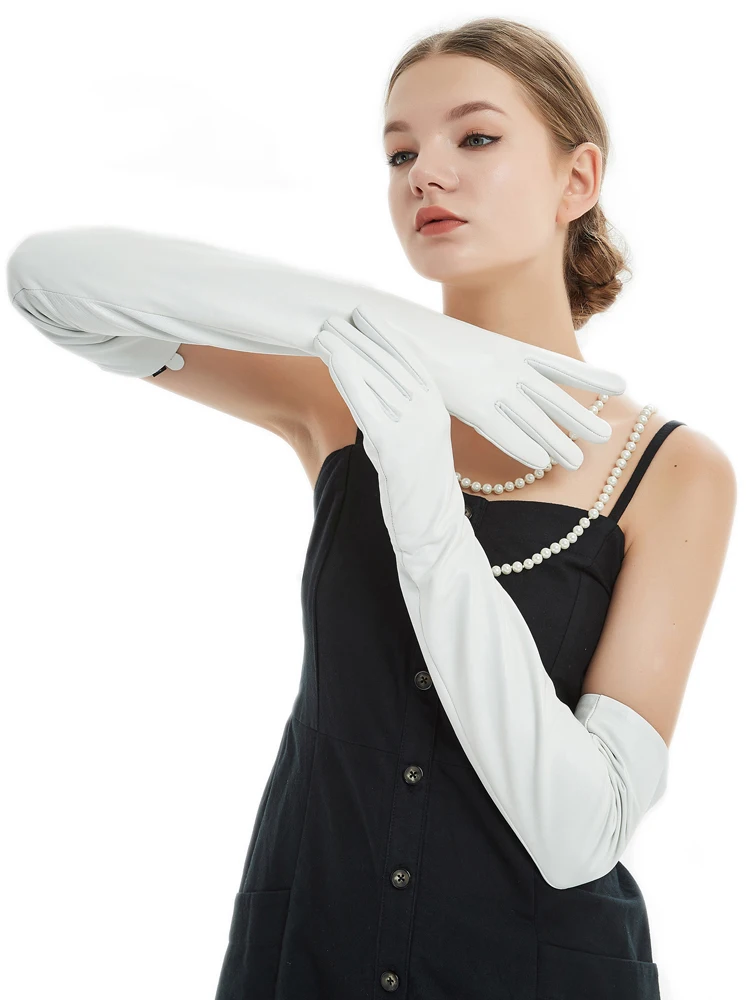 half finger fingerless opera long real sheep leather gloves 23.6" women 60cm 