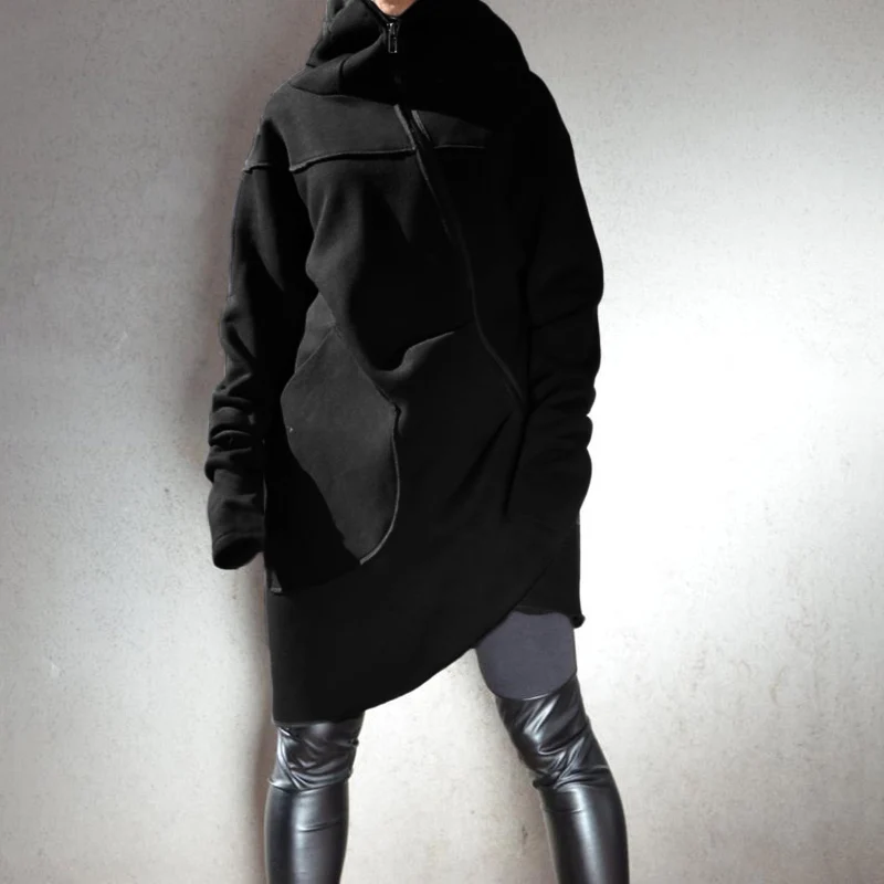 Женское зимнее пальто, куртки, повседневные свободные ассиметричные Толстовки, Толстовки на молнии, одноцветные длинные толстовки с капюшоном размера плюс, топы 5XL
