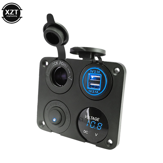 Toggle Rocker Switch Panel Digital Voltmeter Dual USB Port 12V Outlet Combination Waterproof for Car Marine 4 Holes Panel
