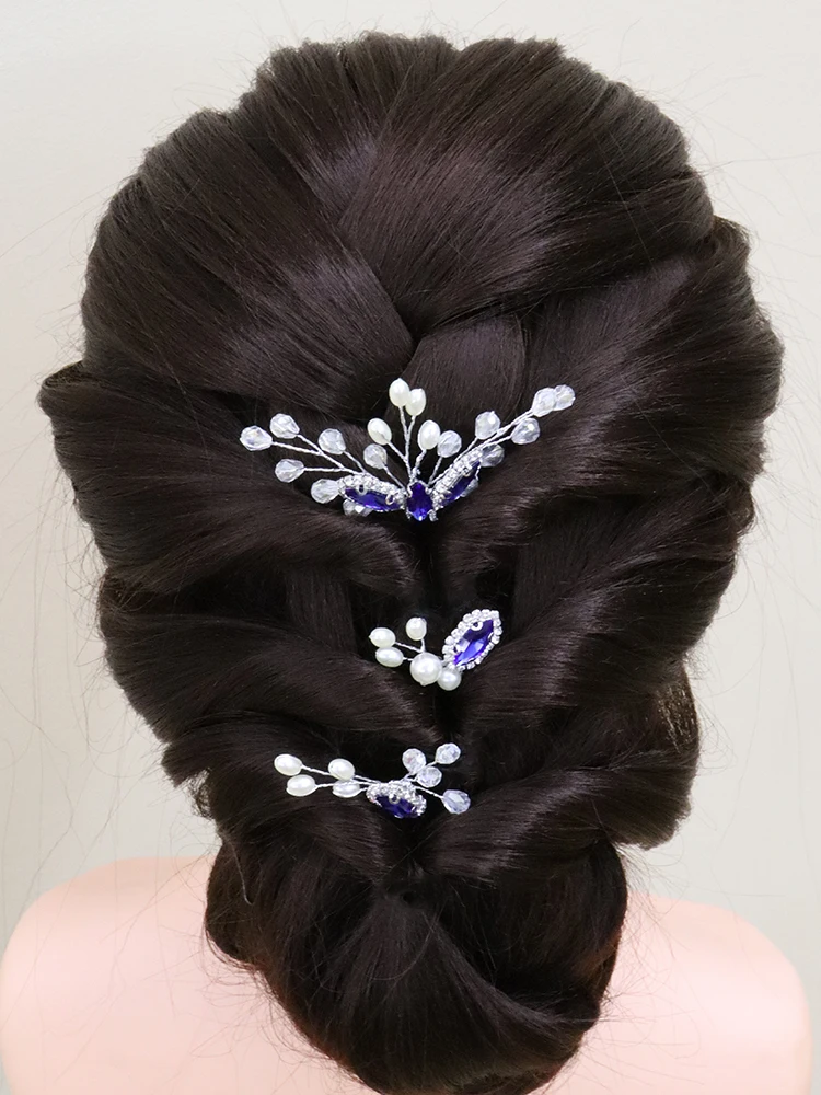 Romantic Blue Bridal Hair Pins Rhinestone Crystal Women Headpieces Prom Party Hair Jewelry Wedding Accessory 3PCS Clip